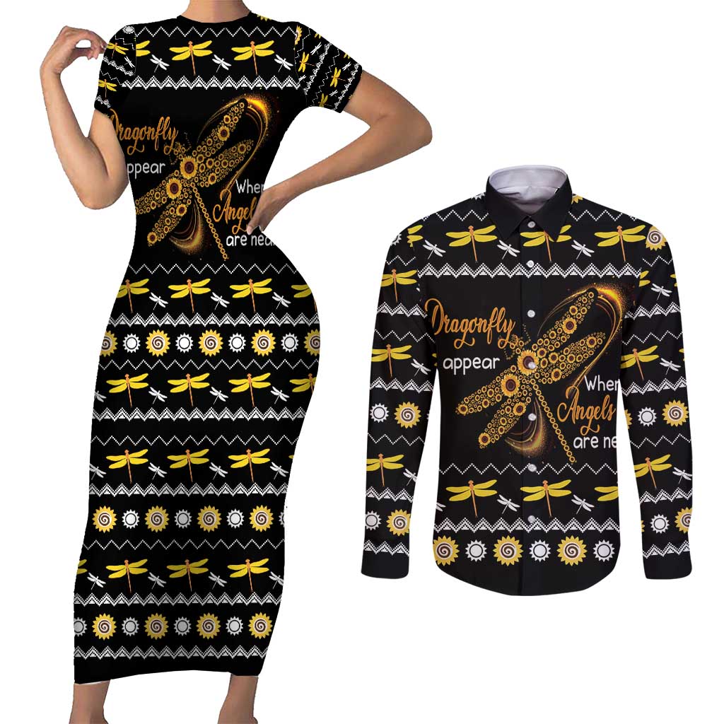 Dragonfly Sunflower Couples Matching Short Sleeve Bodycon Dress and Long Sleeve Button Shirt Dragonfly Appear When Angels Are Near - Wonder Print Shop