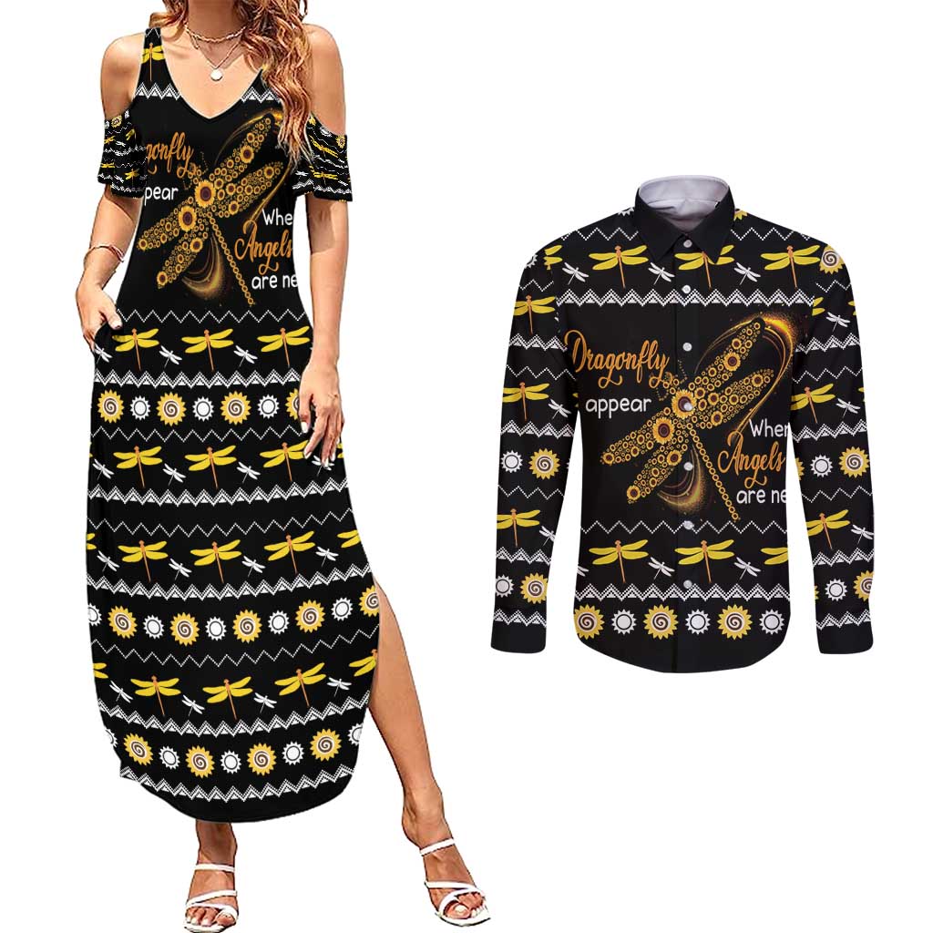 Dragonfly Sunflower Couples Matching Summer Maxi Dress and Long Sleeve Button Shirt Dragonfly Appear When Angels Are Near - Wonder Print Shop