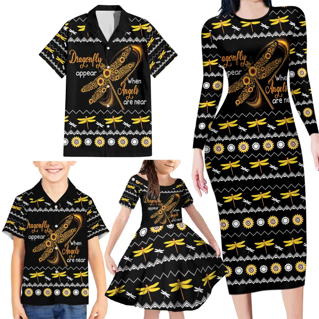 Dragonfly Sunflower Family Matching Long Sleeve Bodycon Dress and Hawaiian Shirt Dragonfly Appear When Angels Are Near - Wonder Print Shop