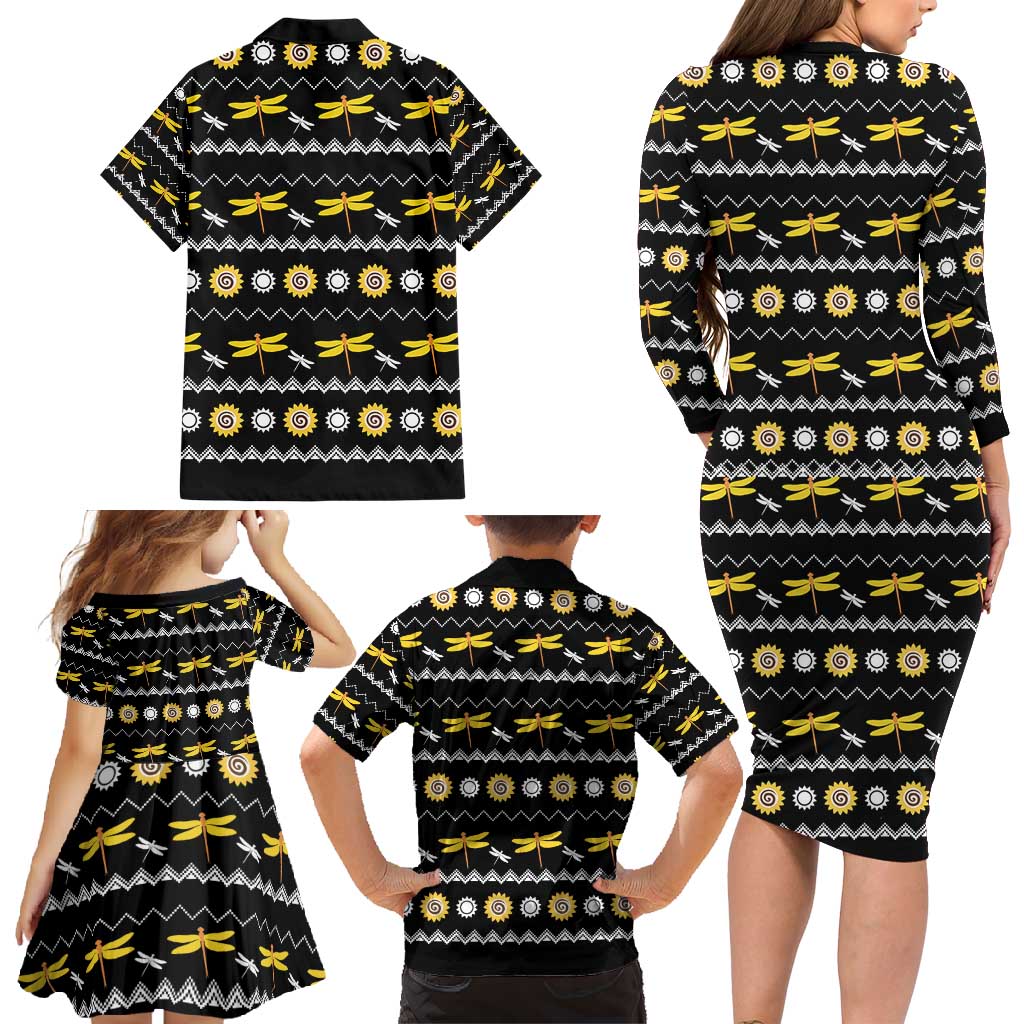 Dragonfly Sunflower Family Matching Long Sleeve Bodycon Dress and Hawaiian Shirt Dragonfly Appear When Angels Are Near - Wonder Print Shop
