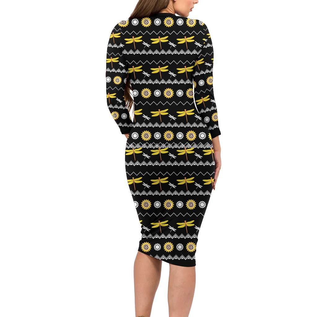 Dragonfly Sunflower Family Matching Long Sleeve Bodycon Dress and Hawaiian Shirt Dragonfly Appear When Angels Are Near - Wonder Print Shop