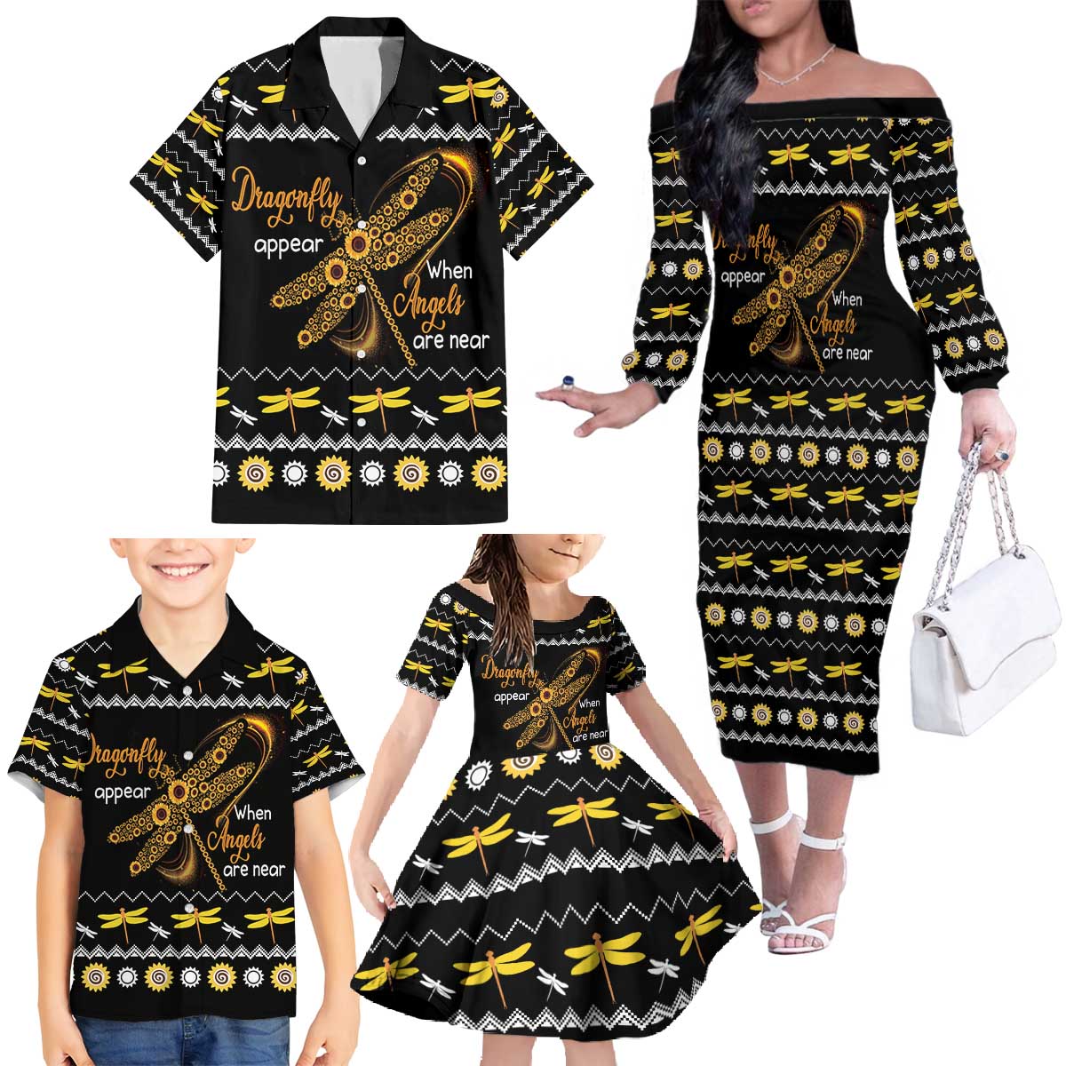 Dragonfly Sunflower Family Matching Off The Shoulder Long Sleeve Dress and Hawaiian Shirt Dragonfly Appear When Angels Are Near - Wonder Print Shop