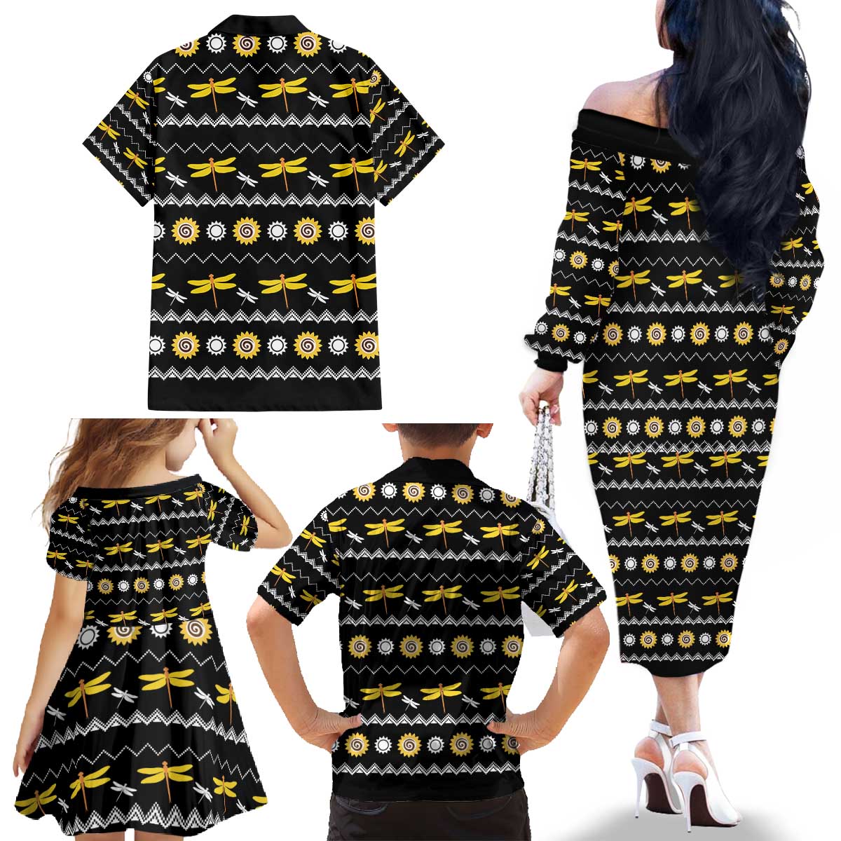 Dragonfly Sunflower Family Matching Off The Shoulder Long Sleeve Dress and Hawaiian Shirt Dragonfly Appear When Angels Are Near - Wonder Print Shop