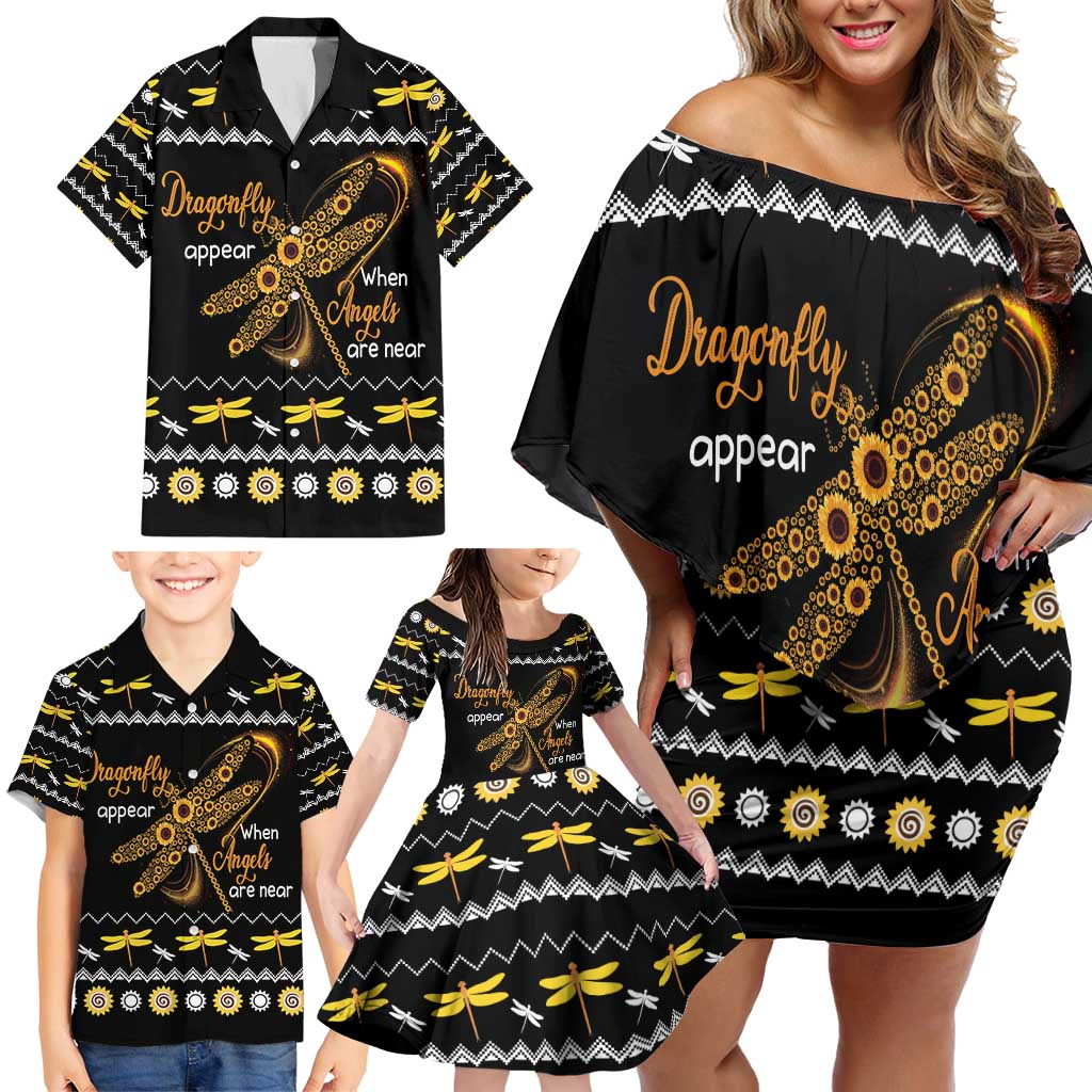 Dragonfly Sunflower Family Matching Off Shoulder Short Dress and Hawaiian Shirt Dragonfly Appear When Angels Are Near - Wonder Print Shop