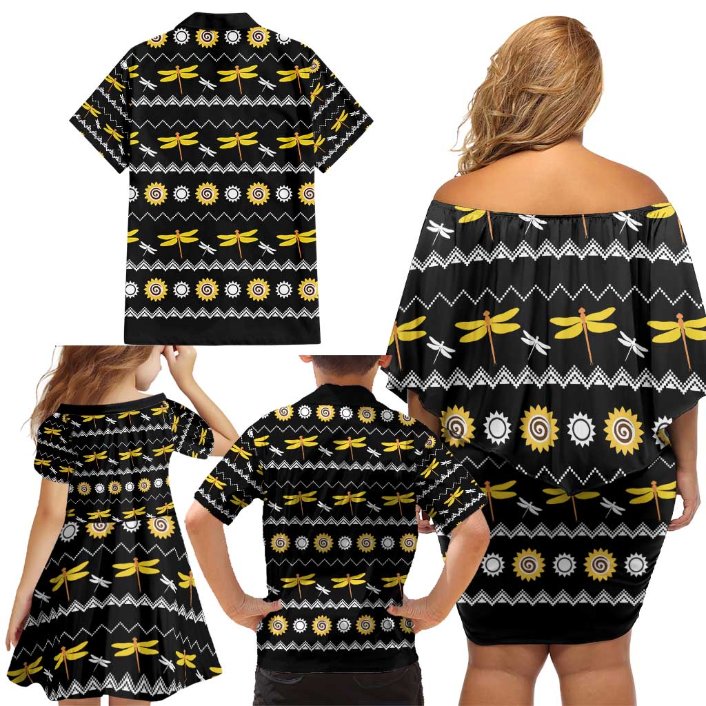 Dragonfly Sunflower Family Matching Off Shoulder Short Dress and Hawaiian Shirt Dragonfly Appear When Angels Are Near - Wonder Print Shop