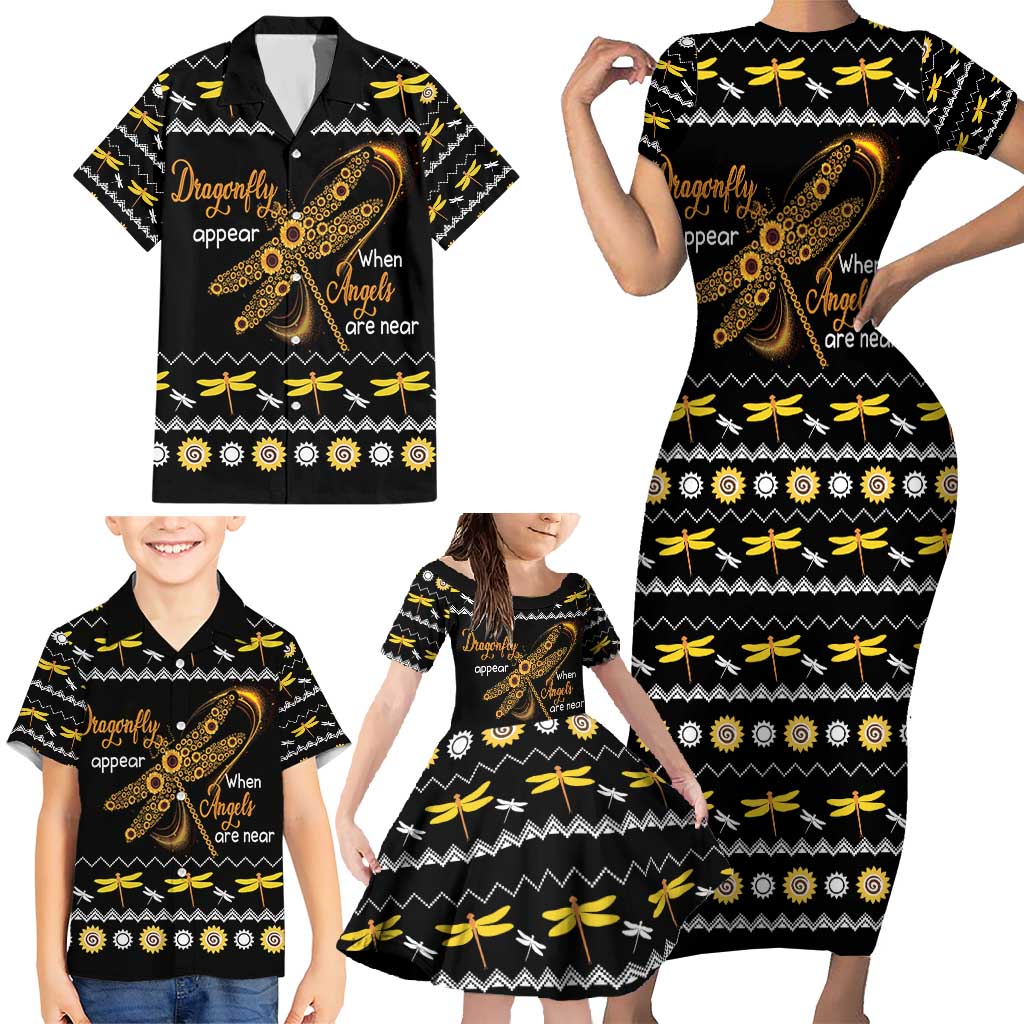 Dragonfly Sunflower Family Matching Short Sleeve Bodycon Dress and Hawaiian Shirt Dragonfly Appear When Angels Are Near - Wonder Print Shop