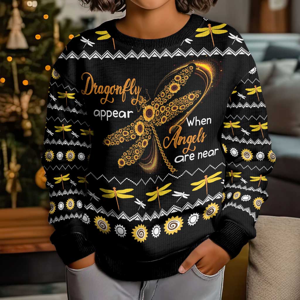 Dragonfly Sunflower Kid Ugly Christmas Sweater Dragonfly Appear When Angels Are Near - Wonder Print Shop