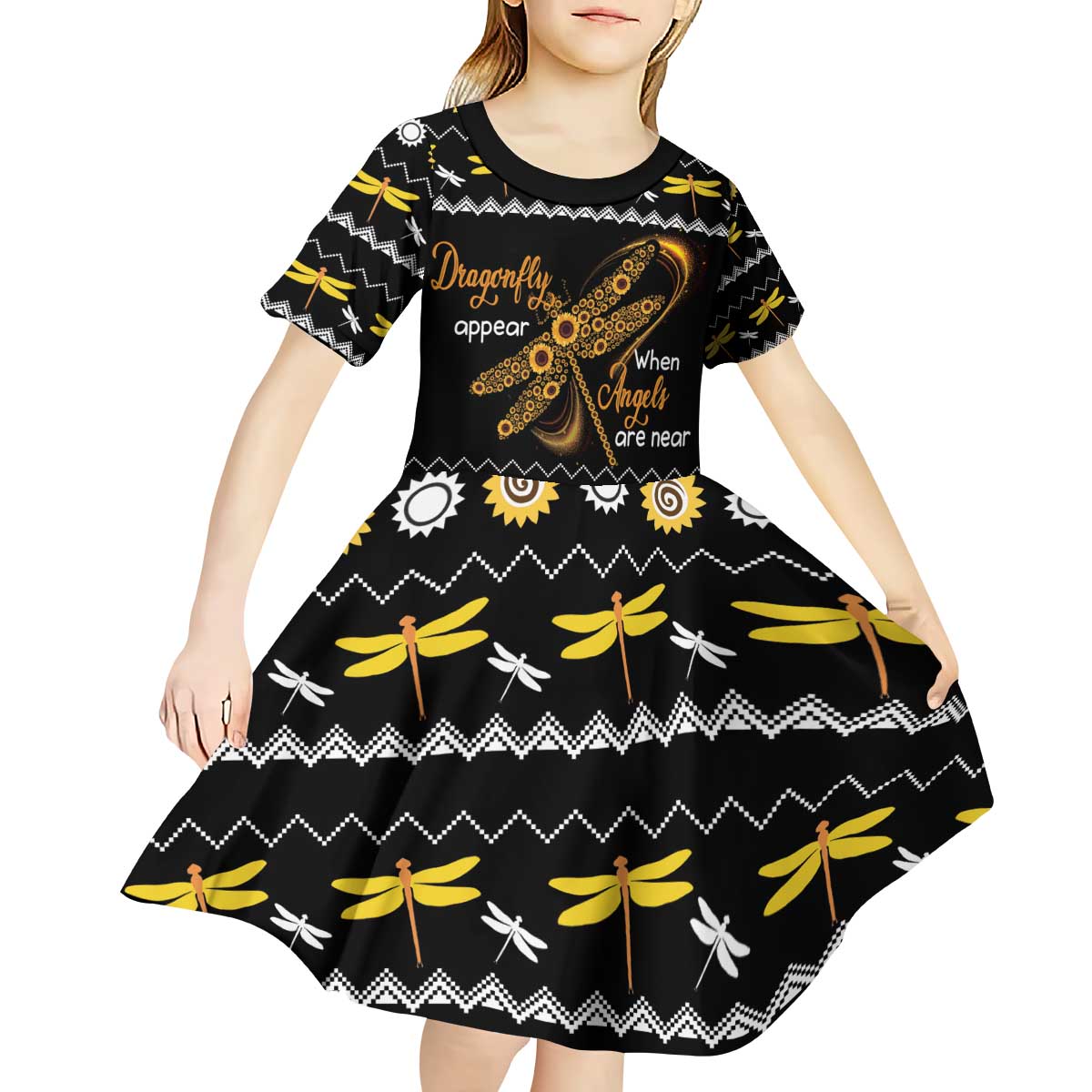 Dragonfly Sunflower Kid Short Sleeve Dress Dragonfly Appear When Angels Are Near - Wonder Print Shop