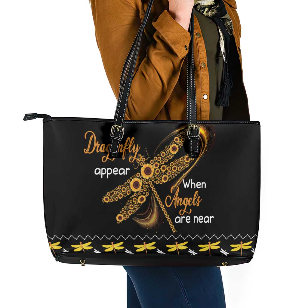 Dragonfly Sunflower Leather Tote Bag Dragonfly Appear When Angels Are Near - Wonder Print Shop