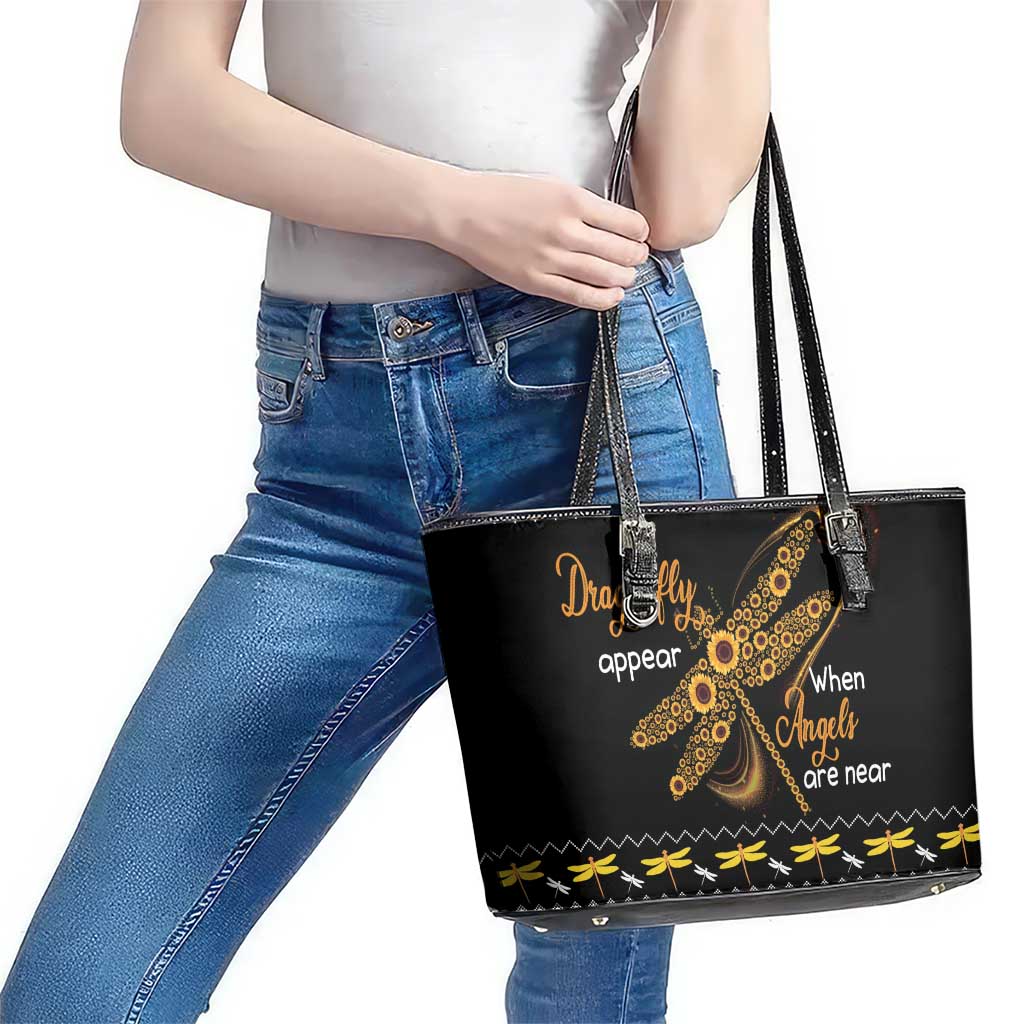 Dragonfly Sunflower Leather Tote Bag Dragonfly Appear When Angels Are Near - Wonder Print Shop