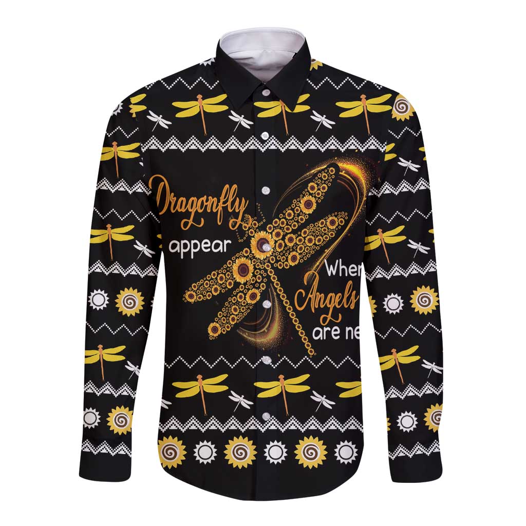 Dragonfly Sunflower Long Sleeve Button Shirt Dragonfly Appear When Angels Are Near - Wonder Print Shop