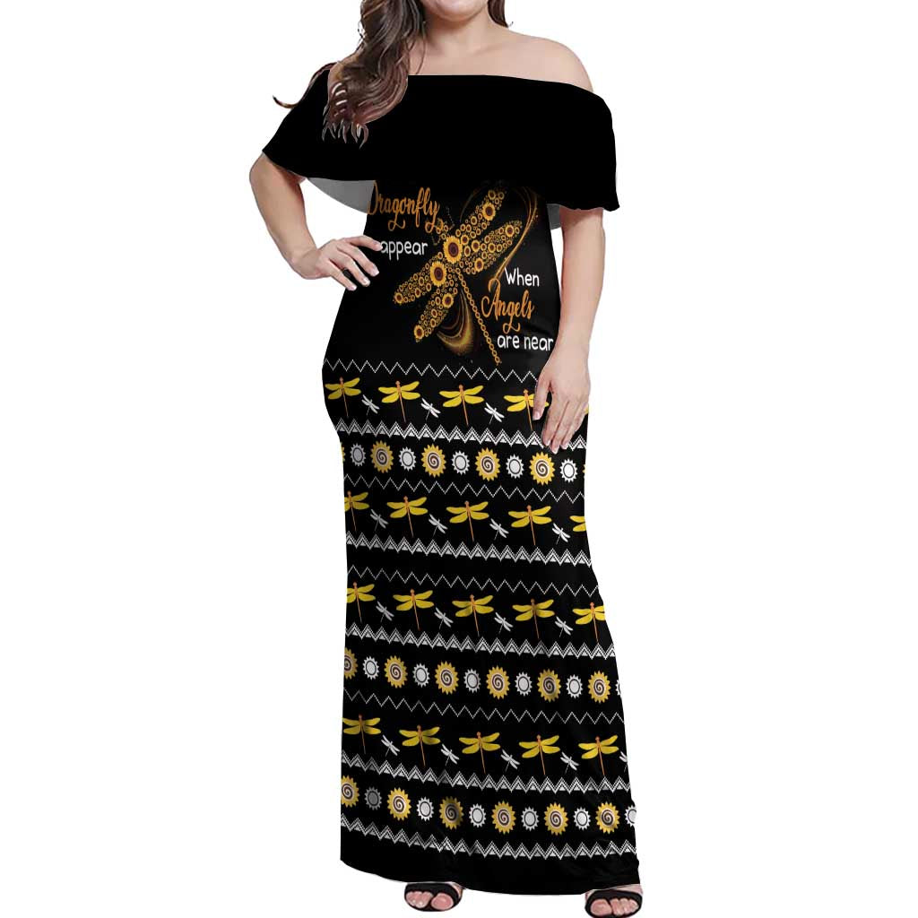 Dragonfly Sunflower Off Shoulder Maxi Dress Dragonfly Appear When Angels Are Near - Wonder Print Shop