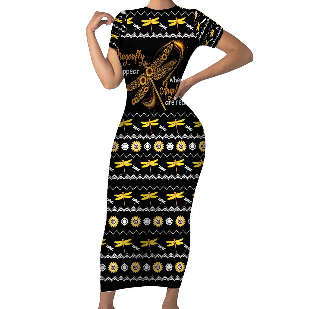 Dragonfly Sunflower Short Sleeve Bodycon Dress Dragonfly Appear When Angels Are Near - Wonder Print Shop