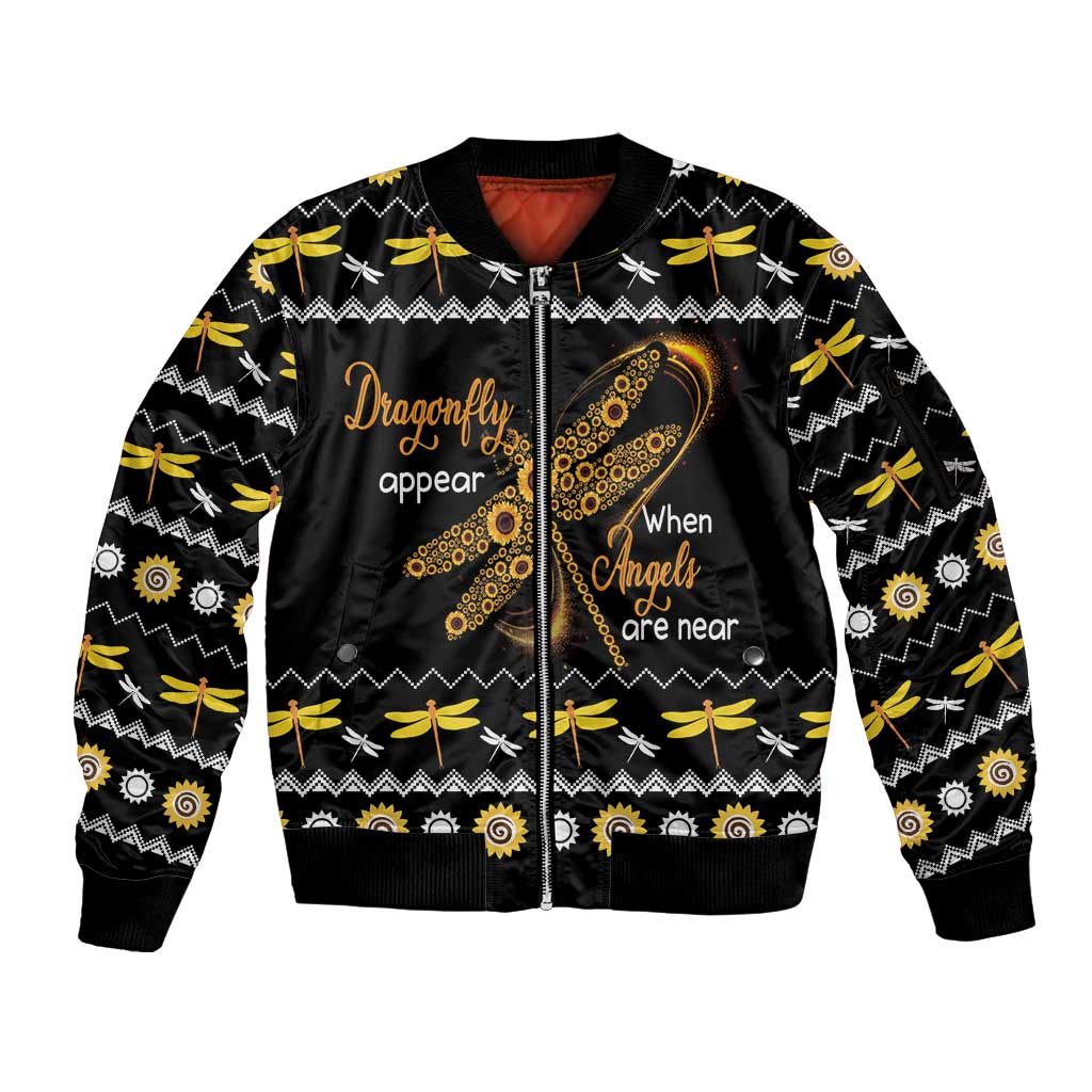 Dragonfly Sunflower Sleeve Zip Bomber Jacket Dragonfly Appear When Angels Are Near - Wonder Print Shop