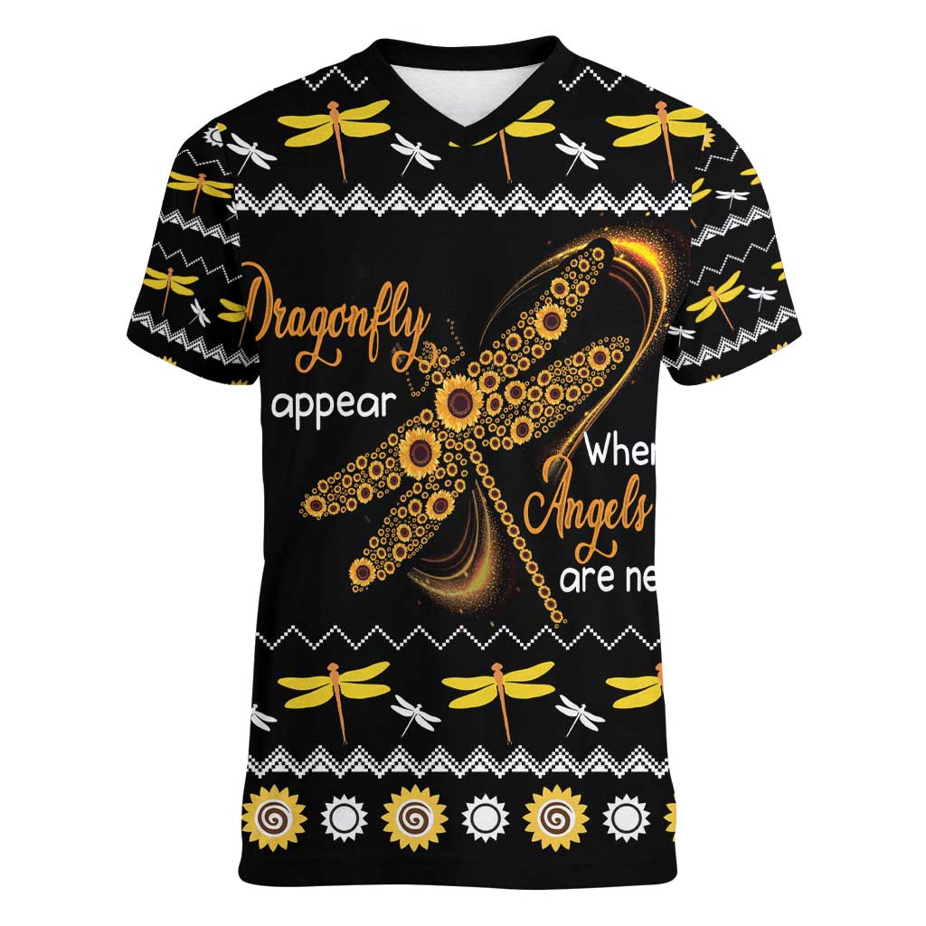 Dragonfly Sunflower Women V-Neck T-Shirt Dragonfly Appear When Angels Are Near - Wonder Print Shop