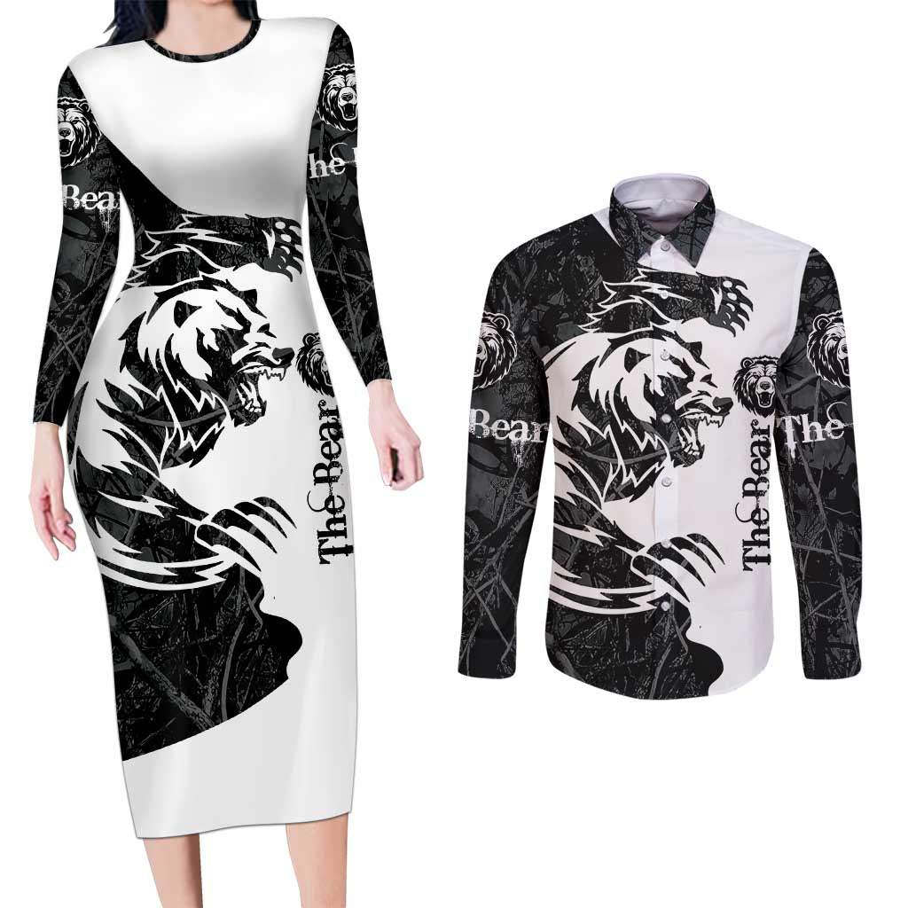 The Bear Tattoo Couples Matching Long Sleeve Bodycon Dress and Long Sleeve Button Shirt Bear In Forest