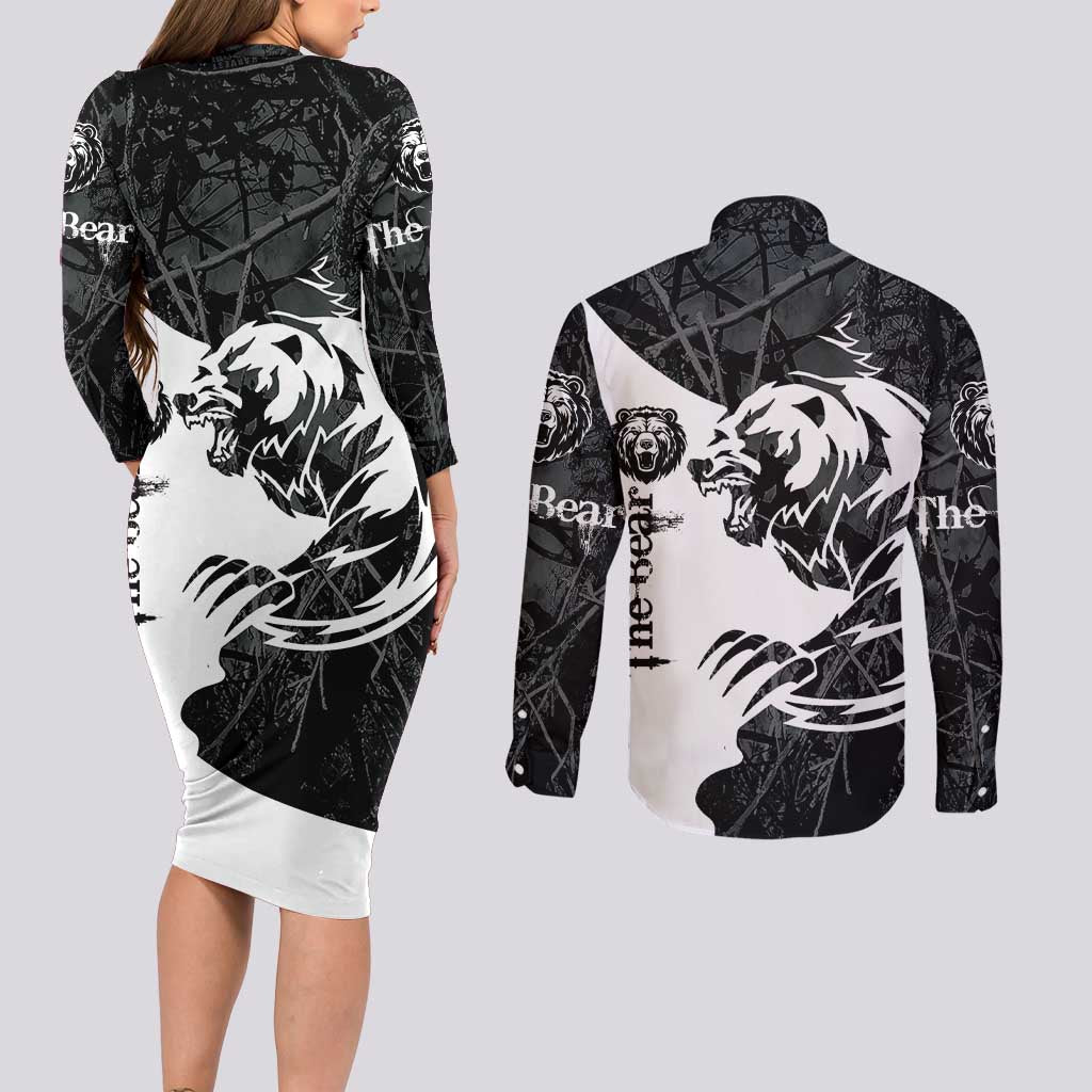 The Bear Tattoo Couples Matching Long Sleeve Bodycon Dress and Long Sleeve Button Shirt Bear In Forest