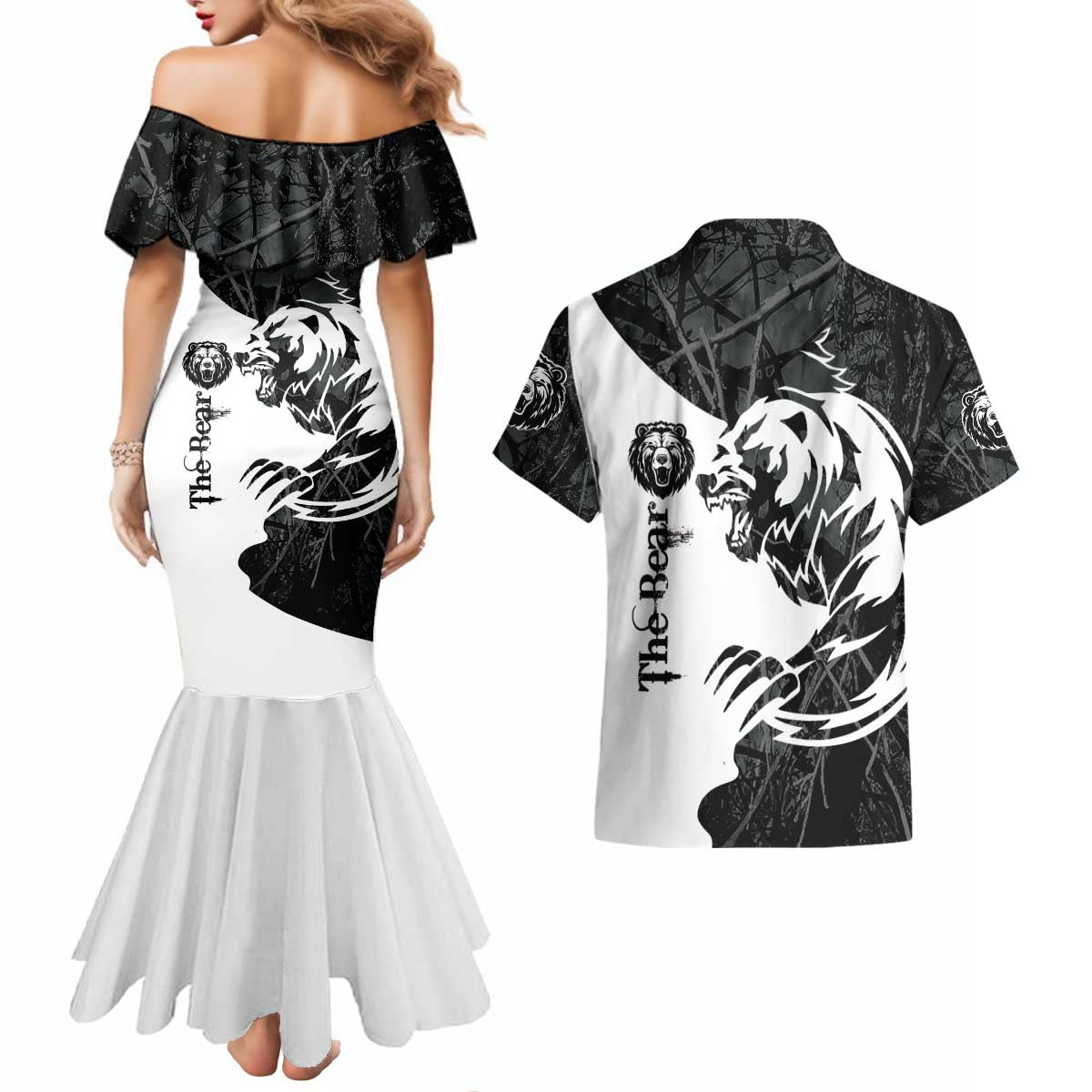 The Bear Tattoo Couples Matching Mermaid Dress and Hawaiian Shirt Bear In Forest