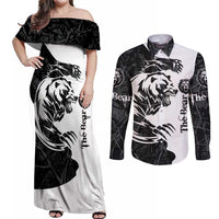 The Bear Tattoo Couples Matching Off Shoulder Maxi Dress and Long Sleeve Button Shirt Bear In Forest