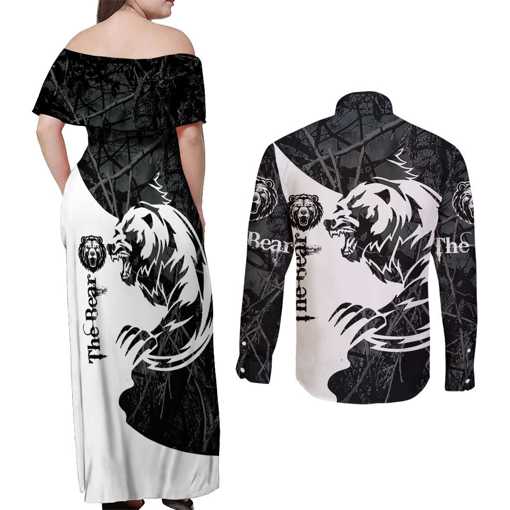 The Bear Tattoo Couples Matching Off Shoulder Maxi Dress and Long Sleeve Button Shirt Bear In Forest
