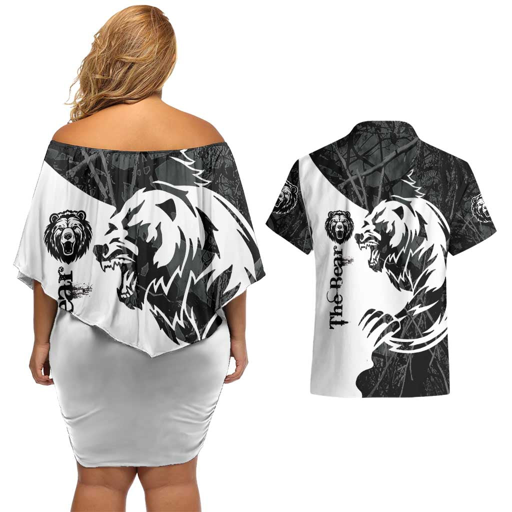 The Bear Tattoo Couples Matching Off Shoulder Short Dress and Hawaiian Shirt Bear In Forest