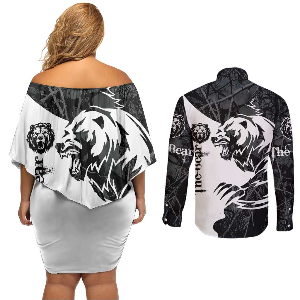 The Bear Tattoo Couples Matching Off Shoulder Short Dress and Long Sleeve Button Shirt Bear In Forest
