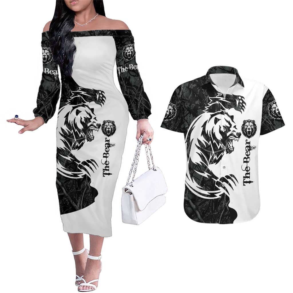 The Bear Tattoo Couples Matching Off The Shoulder Long Sleeve Dress and Hawaiian Shirt Bear In Forest