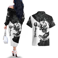 The Bear Tattoo Couples Matching Off The Shoulder Long Sleeve Dress and Hawaiian Shirt Bear In Forest