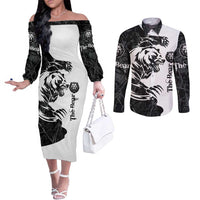 The Bear Tattoo Couples Matching Off The Shoulder Long Sleeve Dress and Long Sleeve Button Shirt Bear In Forest