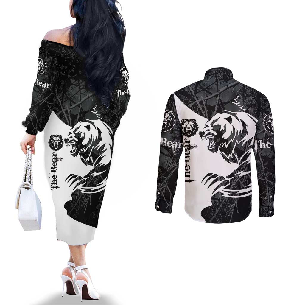 The Bear Tattoo Couples Matching Off The Shoulder Long Sleeve Dress and Long Sleeve Button Shirt Bear In Forest