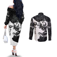 The Bear Tattoo Couples Matching Off The Shoulder Long Sleeve Dress and Long Sleeve Button Shirt Bear In Forest