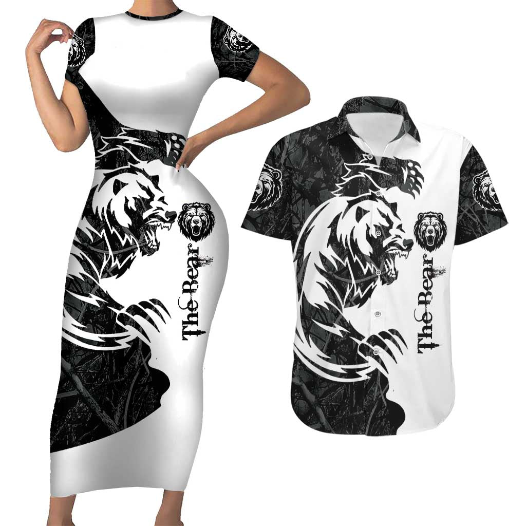 The Bear Tattoo Couples Matching Short Sleeve Bodycon Dress and Hawaiian Shirt Bear In Forest