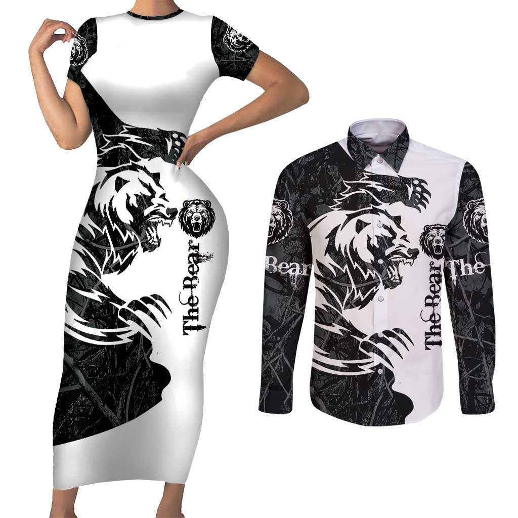 The Bear Tattoo Couples Matching Short Sleeve Bodycon Dress and Long Sleeve Button Shirt Bear In Forest