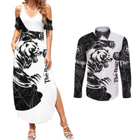 The Bear Tattoo Couples Matching Summer Maxi Dress and Long Sleeve Button Shirt Bear In Forest