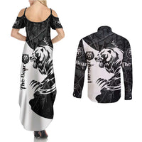 The Bear Tattoo Couples Matching Summer Maxi Dress and Long Sleeve Button Shirt Bear In Forest