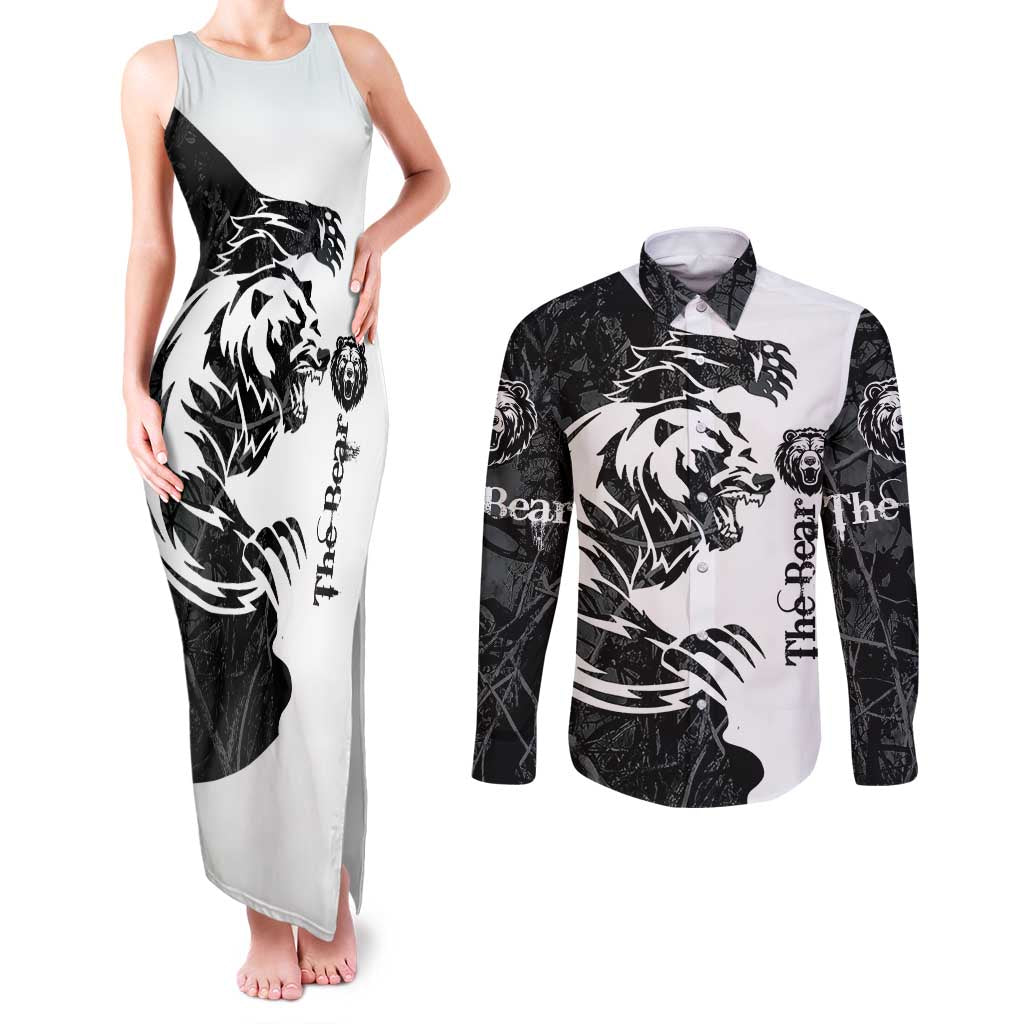 The Bear Tattoo Couples Matching Tank Maxi Dress and Long Sleeve Button Shirt Bear In Forest