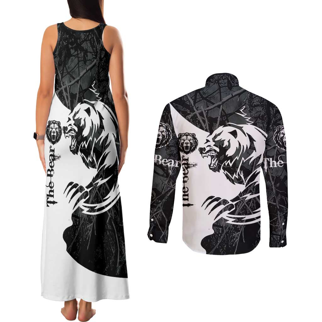 The Bear Tattoo Couples Matching Tank Maxi Dress and Long Sleeve Button Shirt Bear In Forest