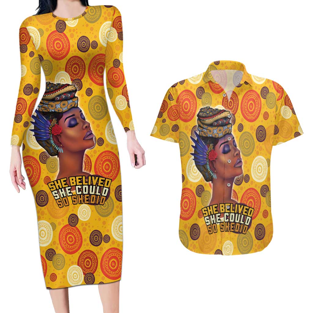 African She Believed Couples Matching Long Sleeve Bodycon Dress and Hawaiian Shirt She Could So She Did