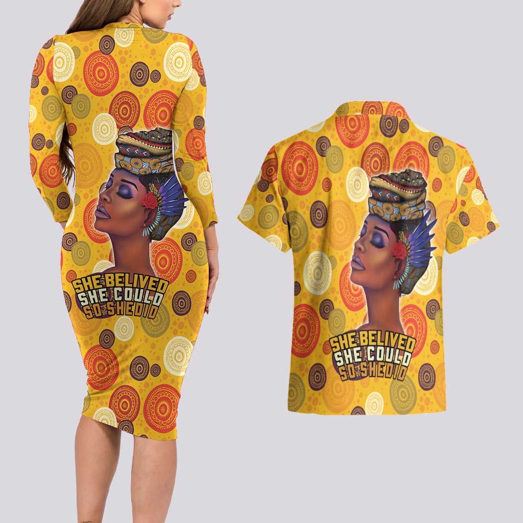 African She Believed Couples Matching Long Sleeve Bodycon Dress and Hawaiian Shirt She Could So She Did