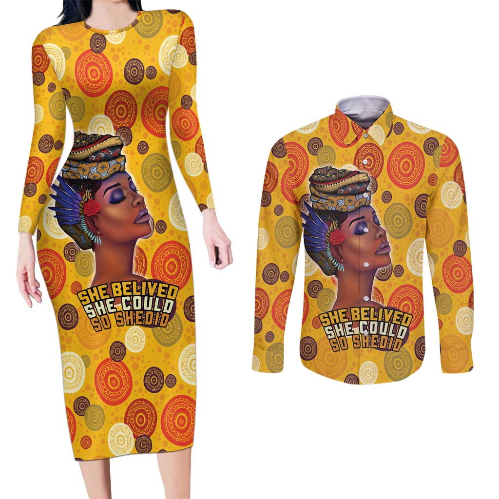 African She Believed Couples Matching Long Sleeve Bodycon Dress and Long Sleeve Button Shirt She Could So She Did