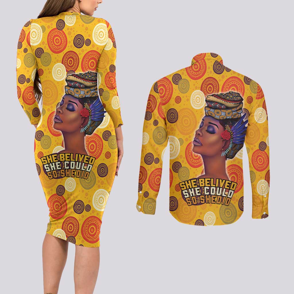 African She Believed Couples Matching Long Sleeve Bodycon Dress and Long Sleeve Button Shirt She Could So She Did