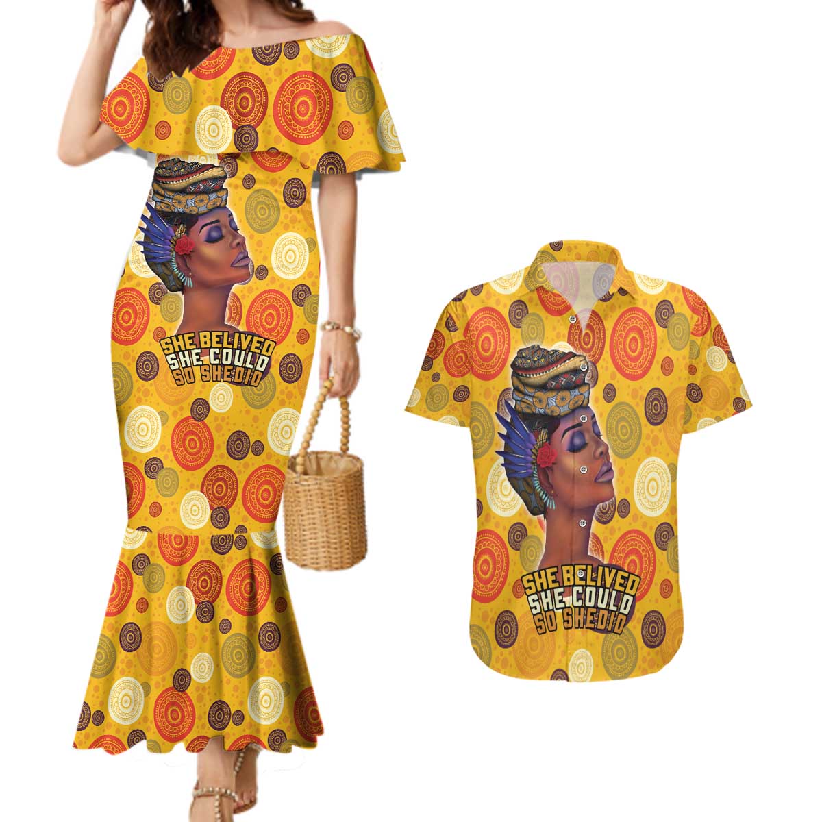 African She Believed Couples Matching Mermaid Dress and Hawaiian Shirt She Could So She Did