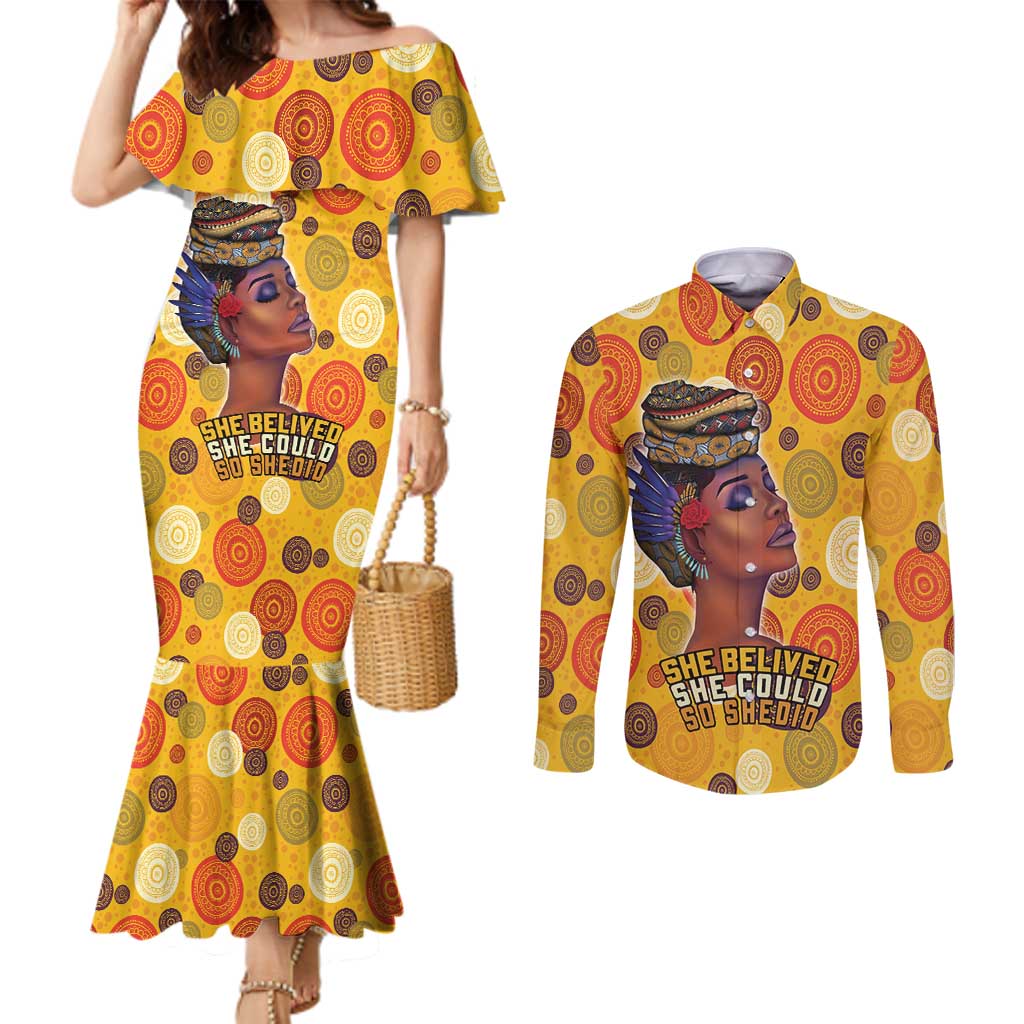 African She Believed Couples Matching Mermaid Dress and Long Sleeve Button Shirt She Could So She Did
