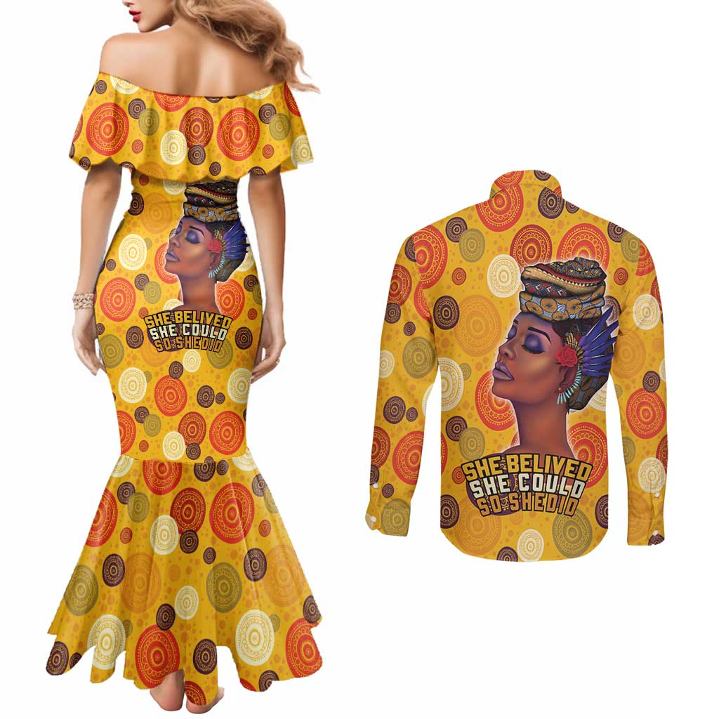 African She Believed Couples Matching Mermaid Dress and Long Sleeve Button Shirt She Could So She Did