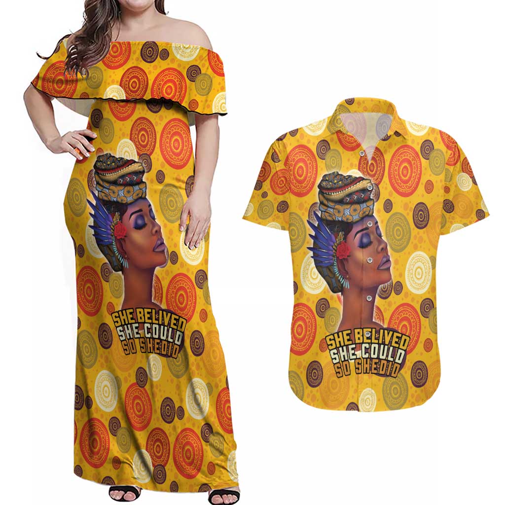 African She Believed Couples Matching Off Shoulder Maxi Dress and Hawaiian Shirt She Could So She Did