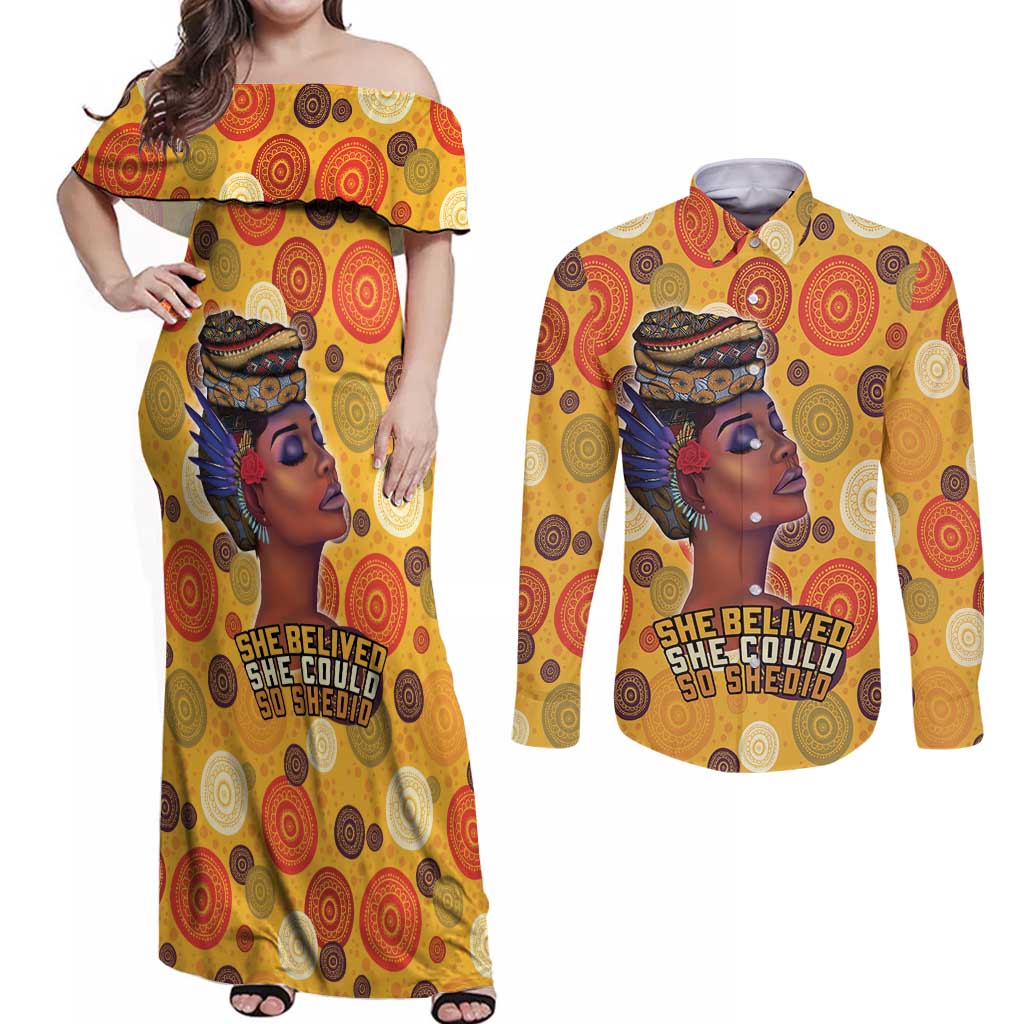 African She Believed Couples Matching Off Shoulder Maxi Dress and Long Sleeve Button Shirt She Could So She Did