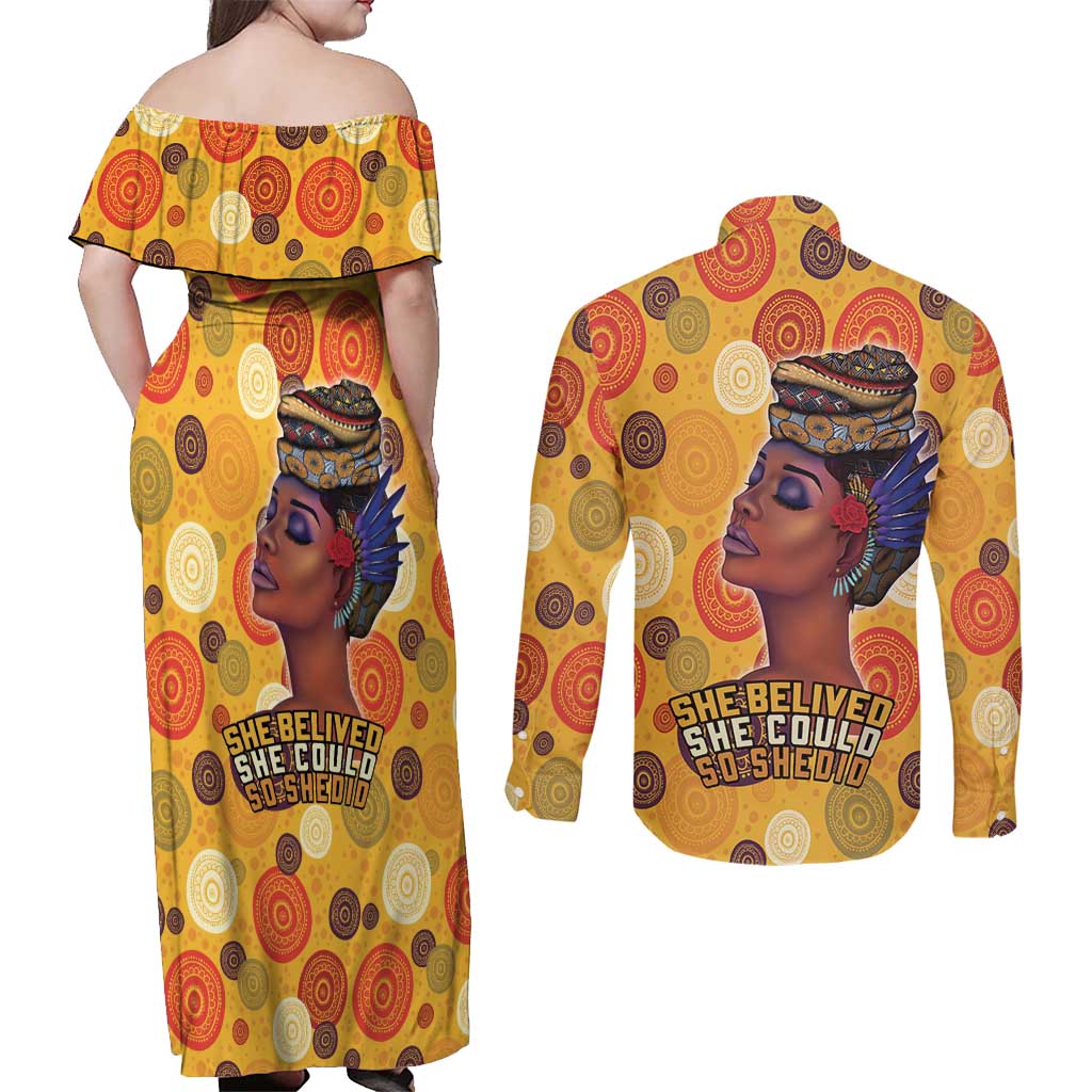 African She Believed Couples Matching Off Shoulder Maxi Dress and Long Sleeve Button Shirt She Could So She Did