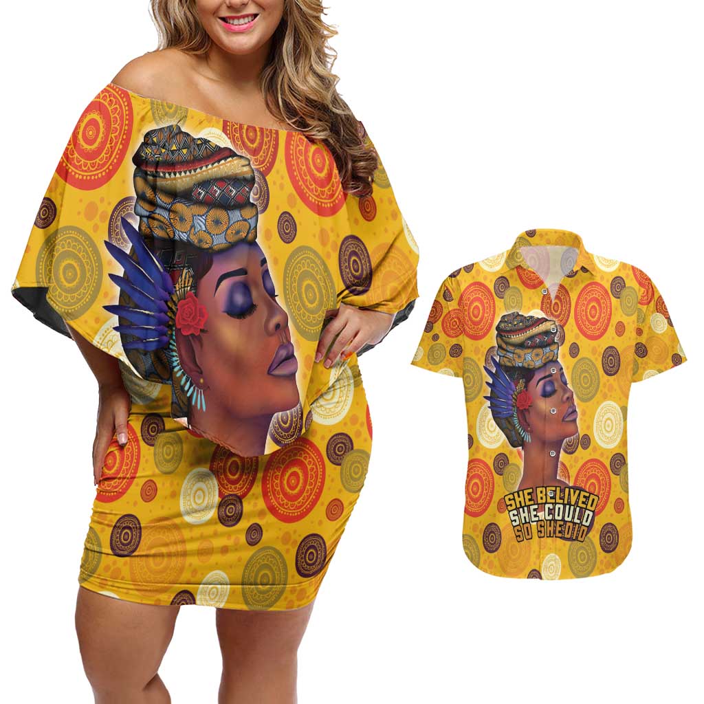 African She Believed Couples Matching Off Shoulder Short Dress and Hawaiian Shirt She Could So She Did