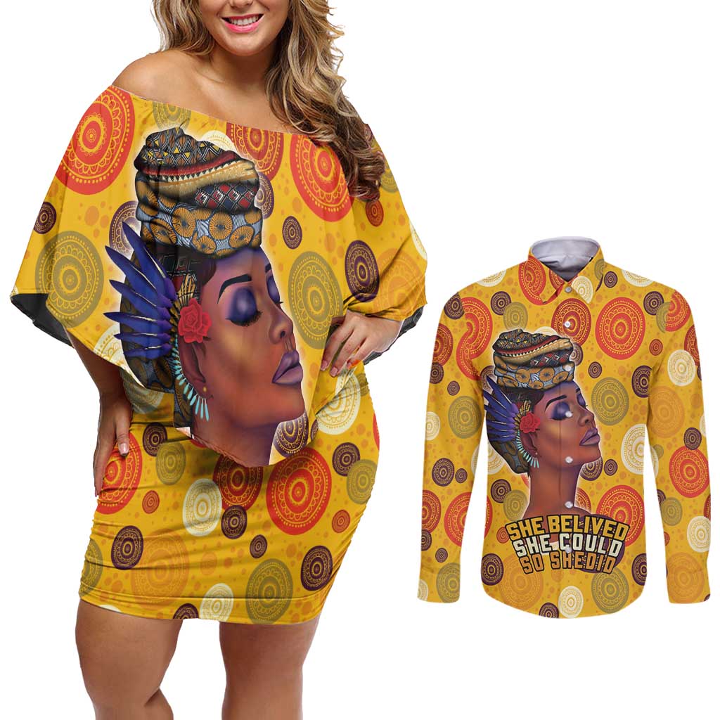 African She Believed Couples Matching Off Shoulder Short Dress and Long Sleeve Button Shirt She Could So She Did