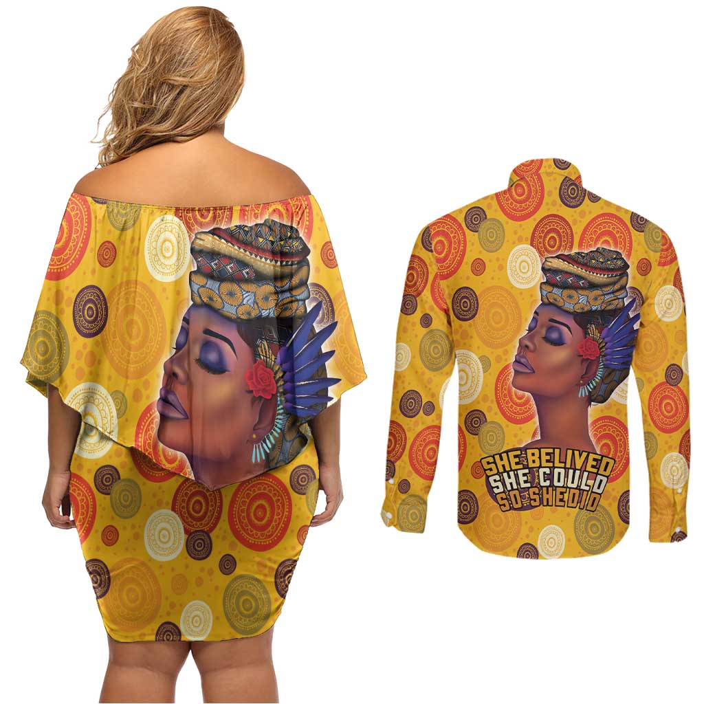 African She Believed Couples Matching Off Shoulder Short Dress and Long Sleeve Button Shirt She Could So She Did
